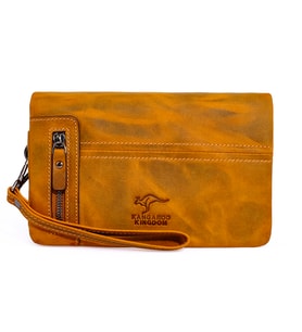 KANGAROO KINGDOM %100 Hakiki Dana Deri Crazy Horse Kestane Erkek Portföy & Clutch El Çantası 7477-ZKE (Hardal Geçişli)