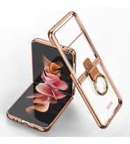 Samsung Galaxy Z Flip 3 Kılıf Yüzüklü Şeffaf Kıpta Kapak (Gold)