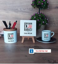 Babalar Günü Hediyesi Hediye Seti Dekoratif Taş, Kalemlik, Ahşap Altlıklı Türk Kahvesi Fincanı Hediye (Model 7)