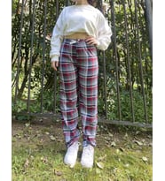 Kadın Pamuklu Ekose Desenli Pijama Altı Eşofman Kurdeleli Beyaz Lacivert Kare (Gri-Bordo)