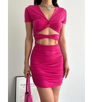Kadın çapraz dekolteli mini likralı elbise (Pembe)