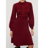 Moda Stil Regular Dik Yaka Mini Boy Triko Dantelli Elbise (Bordo)