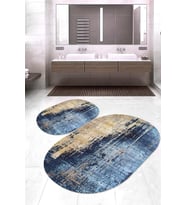Dijital Baskılı Kaymaz Taban Yıkanabilir Oval 2'li Klozet Takımı Banyo Paspası NOKZ-SD-431 (Mavi)