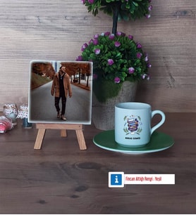 Öğretmenler Günü Hediyesi Fotoğraflı Dekoratif Taş, Ahşap Altlıklı Türk Kahvesi Fincanı Hediye (Model 9)