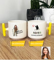 Kişiye Özel Karikatürlü Kadın Asker T Kupa Bardak Asker Sevgiliye Doğum Günü Hediyesi (Sarı)