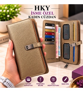 HKY Çok Kullanışlı İsme Özel Büyük Boy Kadın Cüzdan (Bakır)