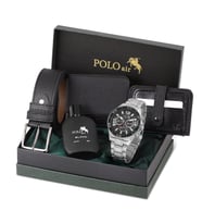 Polo Air Hediyelik Kutusunda Erkek Set Kombin Kemer Cüzdan Kartlık Parfüm Kol Saati Set PL-0971E (Gümüş-Siyah)
