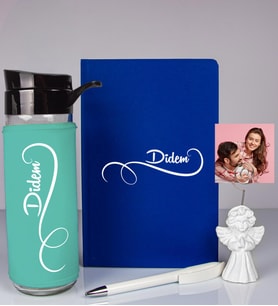Kişiye Özel Defter Kalem Matara Ve Fotoğraflı Notluk Seti 93555 (Mavi)