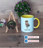 Baykuş Kupa Bardak Beyaz ve Fotoğraflı Ahşap Anahtarlık Hediye (Model 7)