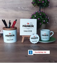 Paramedik Hediye Seti Dekoratif Taş, Kalemlik, Ahşap Altlıklı Türk Kahvesi Fincanı, Ahşap Anahtarlık Hediye (Model 9)