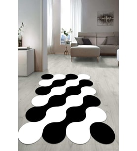 Dijital Baskılı Kaymaz Taban Yıkanabilir Lazer Kesim Salon Halısı Yolluk NLZR-HT-1222 (Beyaz-Siyah)