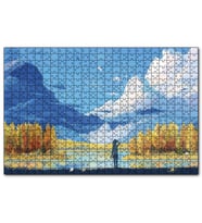 Cakapuzzle Sonbahar Ağaçları Bulutlar Göl ve Kız Yağlıboya  Puzzle Yapboz MDF (Ahşap) (1000 Parça)