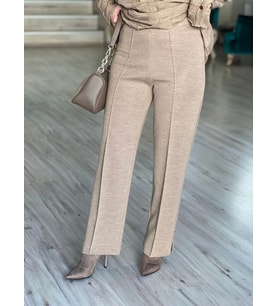 PAÇASI YIRTMAÇ DETAYLI ÇELİK ÖRME TRİKO PANTOLON (Camel)