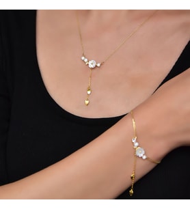 Manolya Çiçeği Zirkon Taşlı Kadın Gümüş Set (Gold)