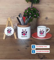 Sevimli Panda Hediye Sepeti Kalemlik, Türk Kahvesi Fincanı Kırmızı, Ahşap Anahtarlık Hediye (Model 6)
