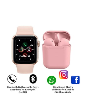 Tüm Telefonlarla Uyumlu Smart Watch 6 Series Akıllı Saat ve İ12 Bluetooth Kulaklık (Pembe)