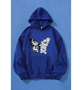 Papatya Kelebek Baskılı Oversize Sweatshirt (Mavi)