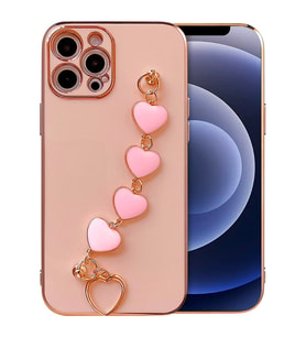 Ally iPhone 13 Pro Max 6.7inç Kılıf Kalp Bileklik Tutuculu Lüx Silikon Askılı Kılıf (Pembe)