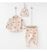 BabyŞen %100 Organik Pamuk Yaprak Desenli 0-3 Ay 3'lü Bebek Takım & Seti (Krem)
