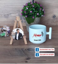 Memur Kupa Bardak Beyaz ve Fotoğraflı Ahşap Anahtarlık Hediye (Model 12)