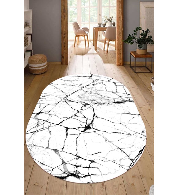 Dijital Baskılı Kaymaz Taban Yıkanabilir Oval Salon Halısı Mutfak Halısı Yolluk NDO-HT-417 (Beyaz)