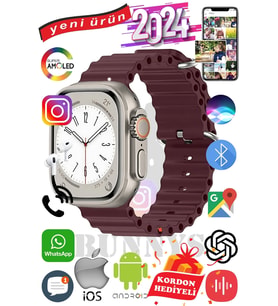 Samsung Galaxy Note 20 Ultra Uyumlu Akıllı Saat ULTRA MAX 2024 Kordon Hediyeli Amoled Ekran (Bordo)