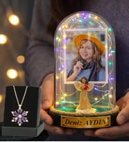 Size Özel Renkli Led Işıklı Melekli Fanus ve Ametist Taşlı Lotus Kolye