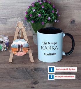 Kankaya Hediye Kupa Bardak Beyaz ve Fotoğraflı Ahşap Anahtarlık Hediye (Model 11)