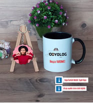 Odyolog Kupa Bardak Beyaz ve Fotoğraflı Ahşap Anahtarlık Hediye (Model 11)