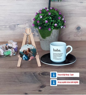 Babaya Hediye Türk Kahvesi Fincanı Ahşap Altlıklı ve Fotoğraflı Ahşap Anahtarlık Hediye (Model 7)