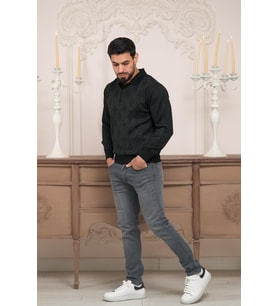 Woolen World Polo Yaka Desenli Yünlü Erkek Triko Kazak (Siyah)