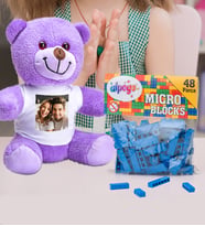 Kişiye Özel Peluş Mor Ayıcık Ve Renkli Micro Blocks Lego (Mavi)
