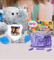 Kişiye Özel Peluş Mavi Fİl Ve Renkli Micro Blocks Lego (Mor)