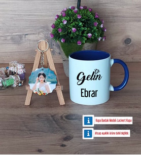 Gelin Kupa Bardak Beyaz ve Fotoğraflı Ahşap Anahtarlık Hediye (Model 3)