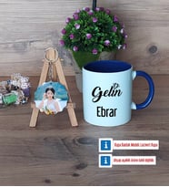 Gelin Kupa Bardak Beyaz ve Fotoğraflı Ahşap Anahtarlık Hediye (Model 3)