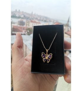 Altın Kaplama Zirkon Taşlı Kelebek Kolye (Mor)