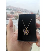 Altın Kaplama Zirkon Taşlı Kelebek Kolye (Mor)