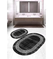 Dijital Baskılı Kaymaz Taban Yıkanabilir Oval 2'li Klozet Takımı Banyo Paspası NOKZ-SD-1071 (Siyah)