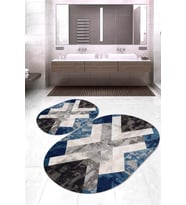Dijital Baskılı Kaymaz Taban Yıkanabilir Oval 2'li Klozet Takımı Banyo Paspası NOKZ-HT-1365 (Lacivert)
