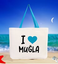 BK Gift I Love Muğla Renkli Kulp Kanvas Plaj Çantası 48x40m, Baskılı Omuz Çantası, Alışveriş Çantası (Turkuaz)