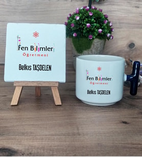 Fen Bilimleri Öğretmeni Hediye Seti Kupa Bardak T Kulplu ve Dekoratif Taş Öğretmenler Günü Hediyesi (Model 2)