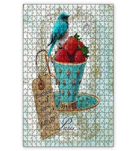 Cakapuzzle Fincanda Çilekler ve Kuş Vintage Puzzle Yapboz MDF (Ahşap) (500 Parça)