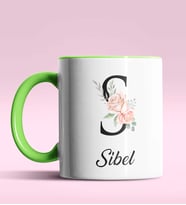Kişiye Özel S Harfi Temalı Gül Tasarım Siyah Renk Kupa (Yeşil)