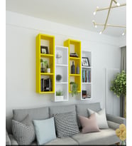 Kitaplık Modern Duvar Rafı Atlantik Çam Beyaz 4 Lü Takım (Sarı-Beyaz)