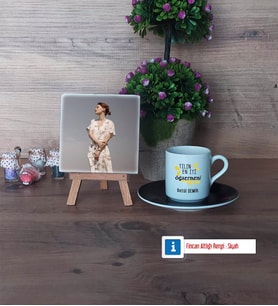 Öğretmene Hediye Fotoğraflı Dekoratif Taş, Ahşap Altlıklı Türk Kahvesi Fincanı Hediye (Model 7)