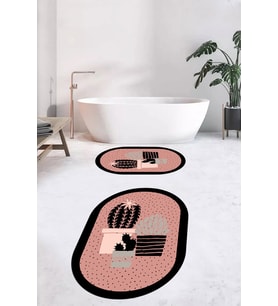 EVDEYA Dijital Yıkanabilir Kaktüs Çiçek Desen İkili Oval Banyo Halısı Klozet Takımı, OKLOZET-22-BEYAZ, (Pembe)