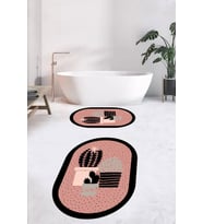 EVDEYA Dijital Yıkanabilir Kaktüs Çiçek Desen İkili Oval Banyo Halısı Klozet Takımı, OKLOZET-22-BEYAZ, (Pembe)