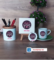Love Yourself Hediye Seti Dekoratif Taş, Kalemlik, Ahşap Altlıklı Türk Kahvesi Fincanı, Ahşap Anahtarlık Hediye (Model 9)