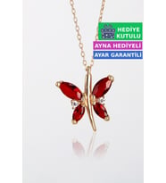Jewelmim Kırmızı Gümüş Kelebek Kolye Altın Kaplama Bayan Kelebekli 925 Ayar Kadın Gümüş Kelebek Kolyesi (Rose)
