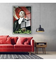 Metal Çerçeveli Cam Tablo Türk Bayraklı Atatürk Portresi (Gümüş)